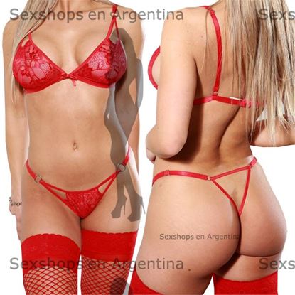 Conjunto rojo corpiño semitransparente y tanga con triangulo